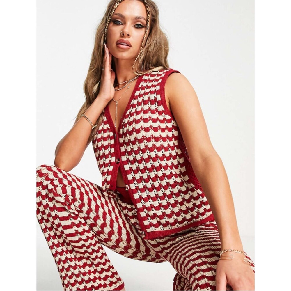 Damson Madder crochet sleeveless cardigan top red and ivory checkered pattern